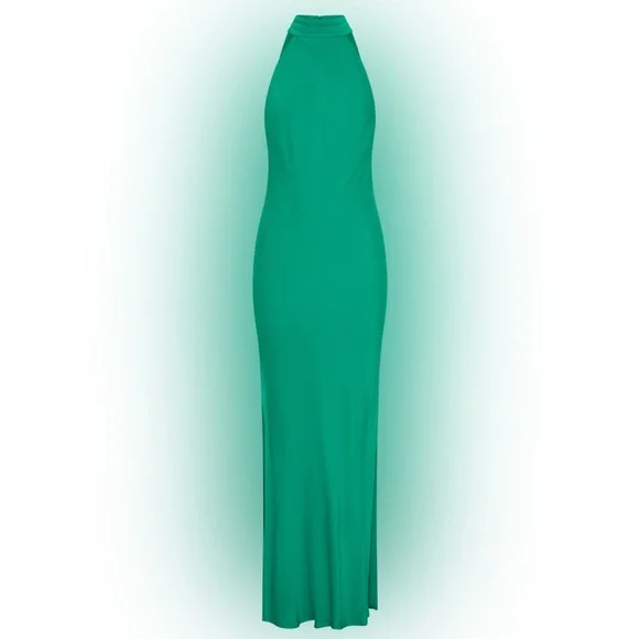Meshki Claire Green Satin Drape Back Maxi Dress with Split - Picture 10 of 11